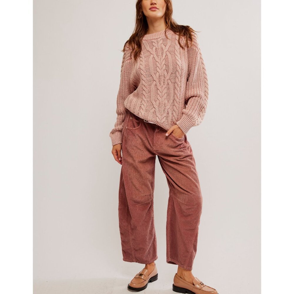 FREE PEOPLE Frankie Cable Knit Cotton Sweater / Misty Rose - Picture 5 of 6
